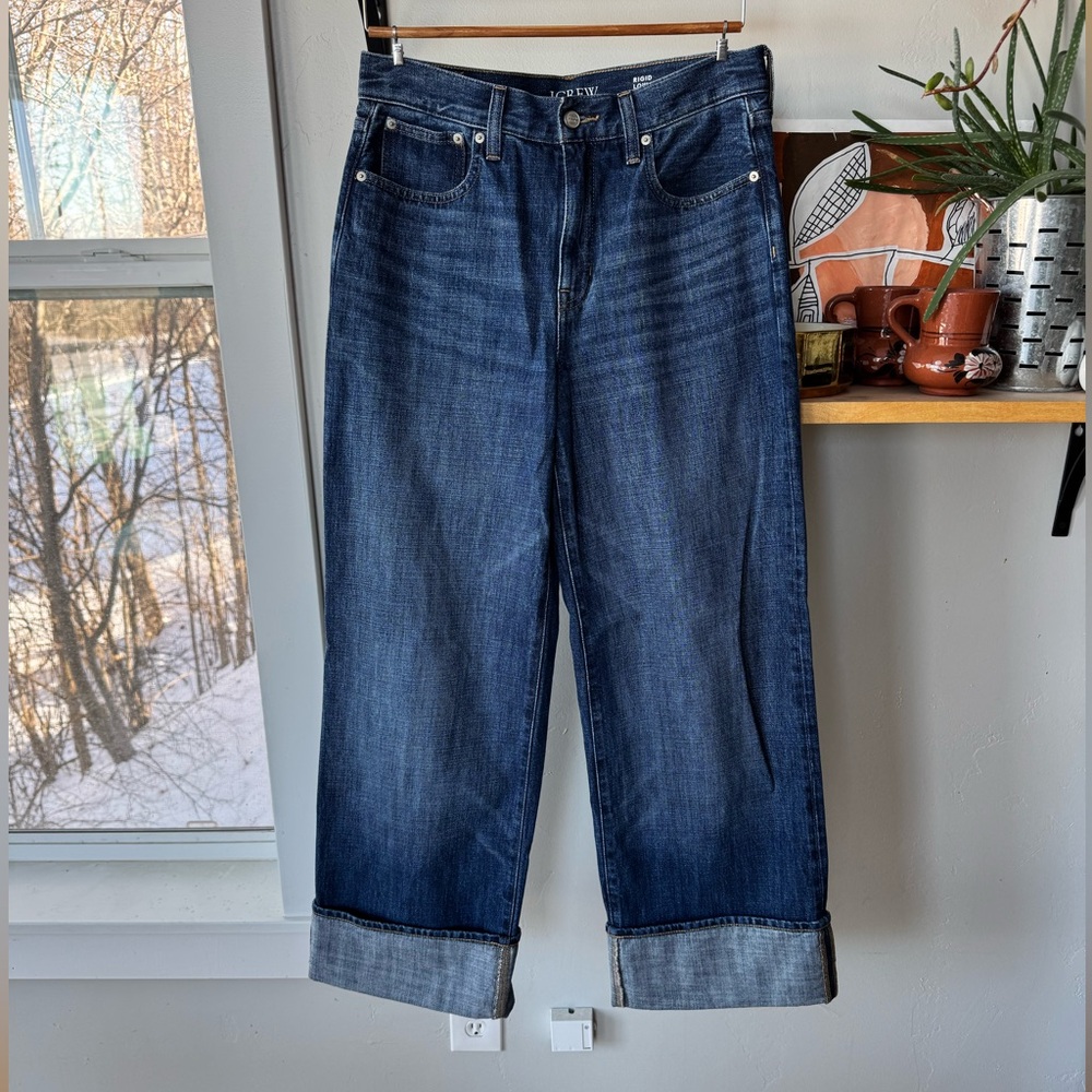 J. Crew High-Rise Wide-Leg Cuffed Jeans in Medium Blue - Picture 2 of 16